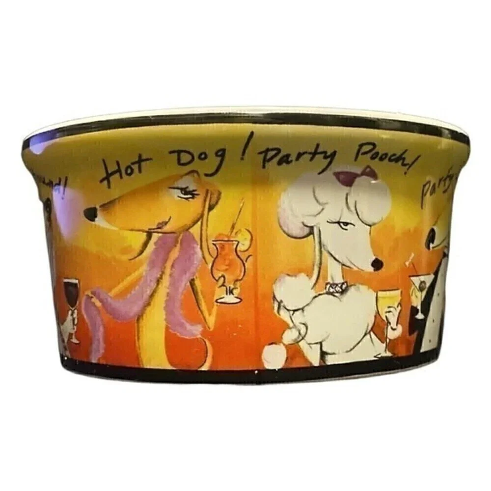 Tracy Flickinger Dog Food Bowl PARTY ANIMALS! CHEERS! Certif Int'l PARTY POOCH!
